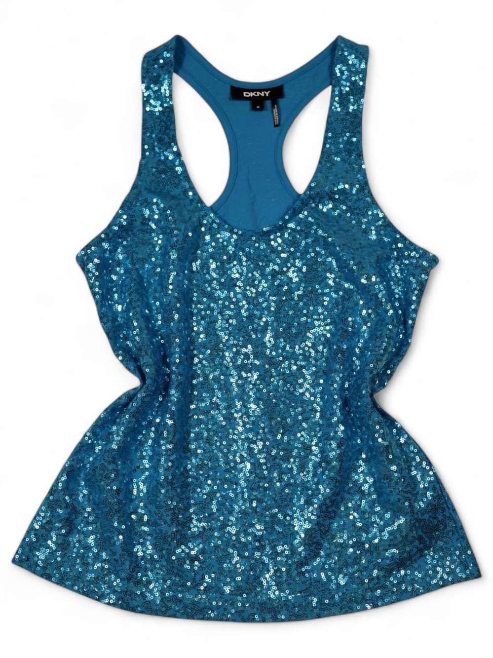 DKNY Turquoise Blue Sequin Racerback Tank Top XS Y2K Party Festival